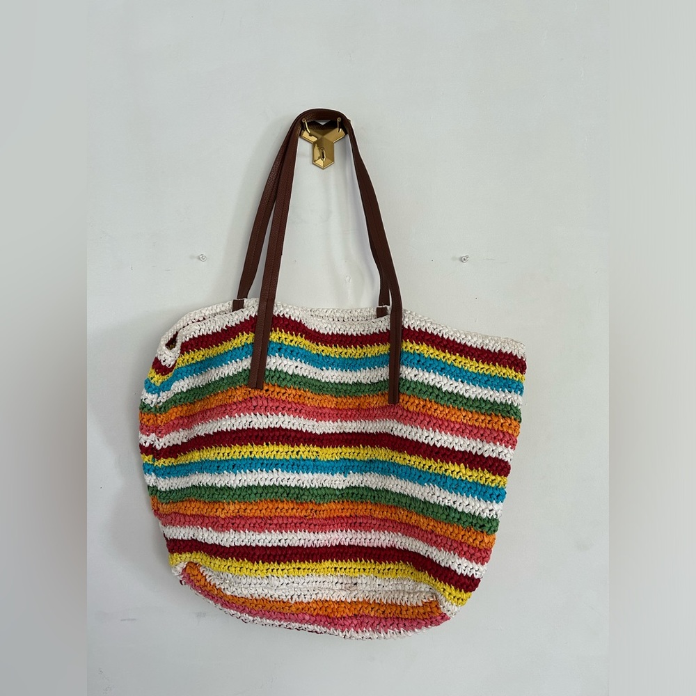 J.Crew woven colorful striped beach bag